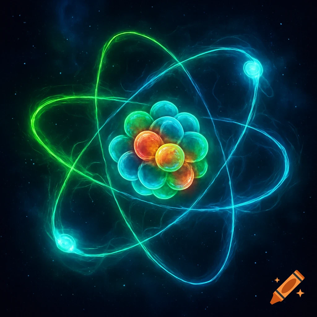 A vibrant, glowing atom with a colorful nucleus and swirling blue and green electron orbits against a dark, starry background.