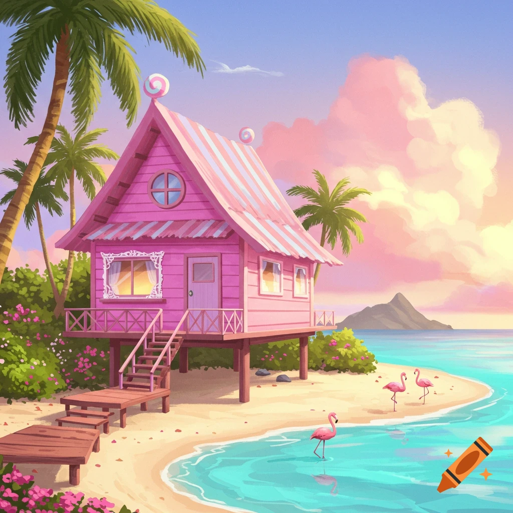 Vibrant cartoon illustration of a pink hut house on a tropical beach with palm trees, blue ocean, pink flamingos, and a colorful sunset sky.