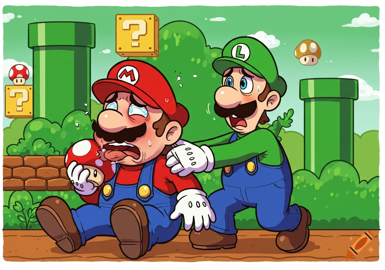 Cartoon of Super Mario choking on a mushroom while Luigi performs the Heimlich maneuver in a classic Nintendo-style landscape.