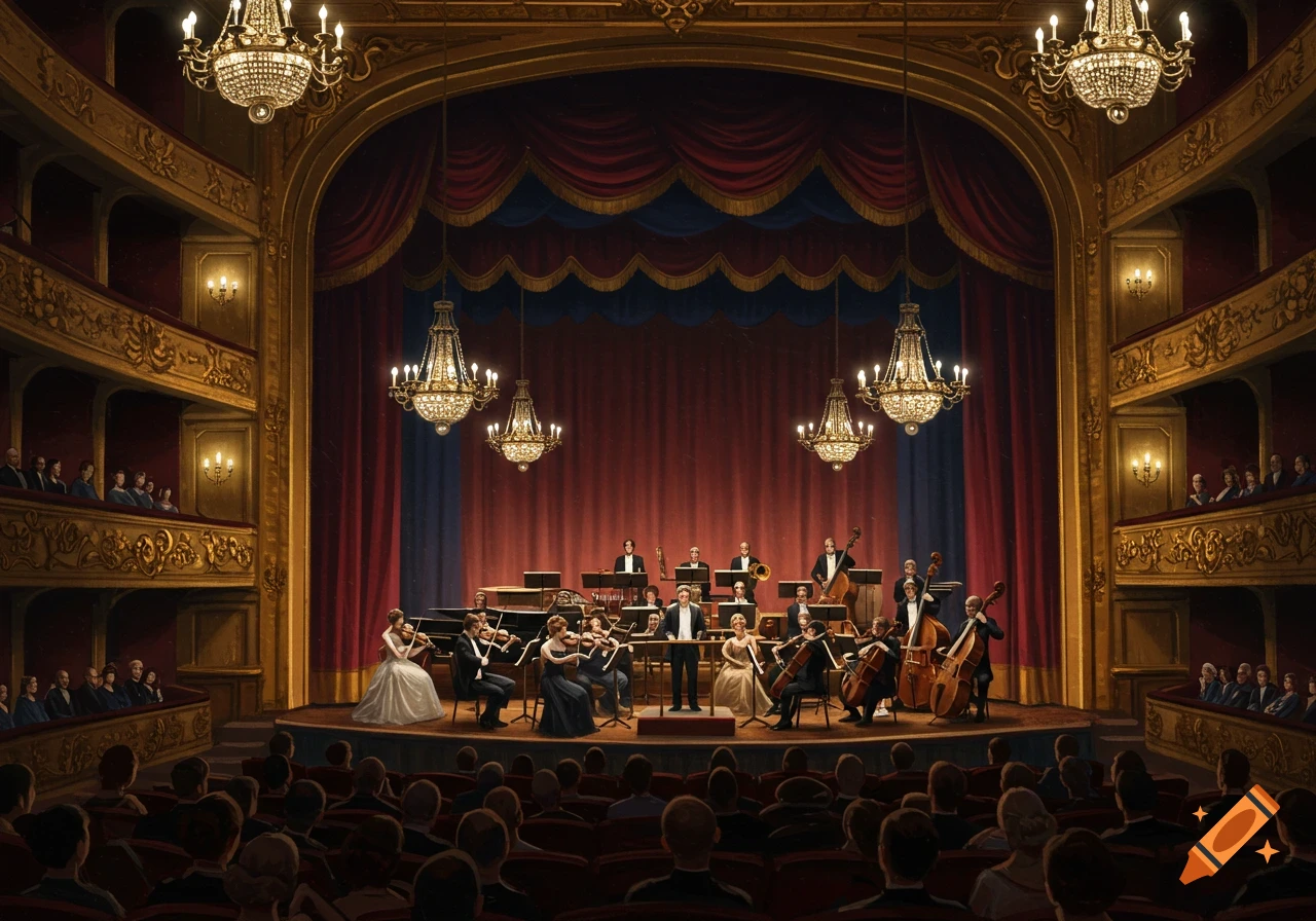A grand classical orchestra performs on stage in an ornate theater, viewed from the audience.