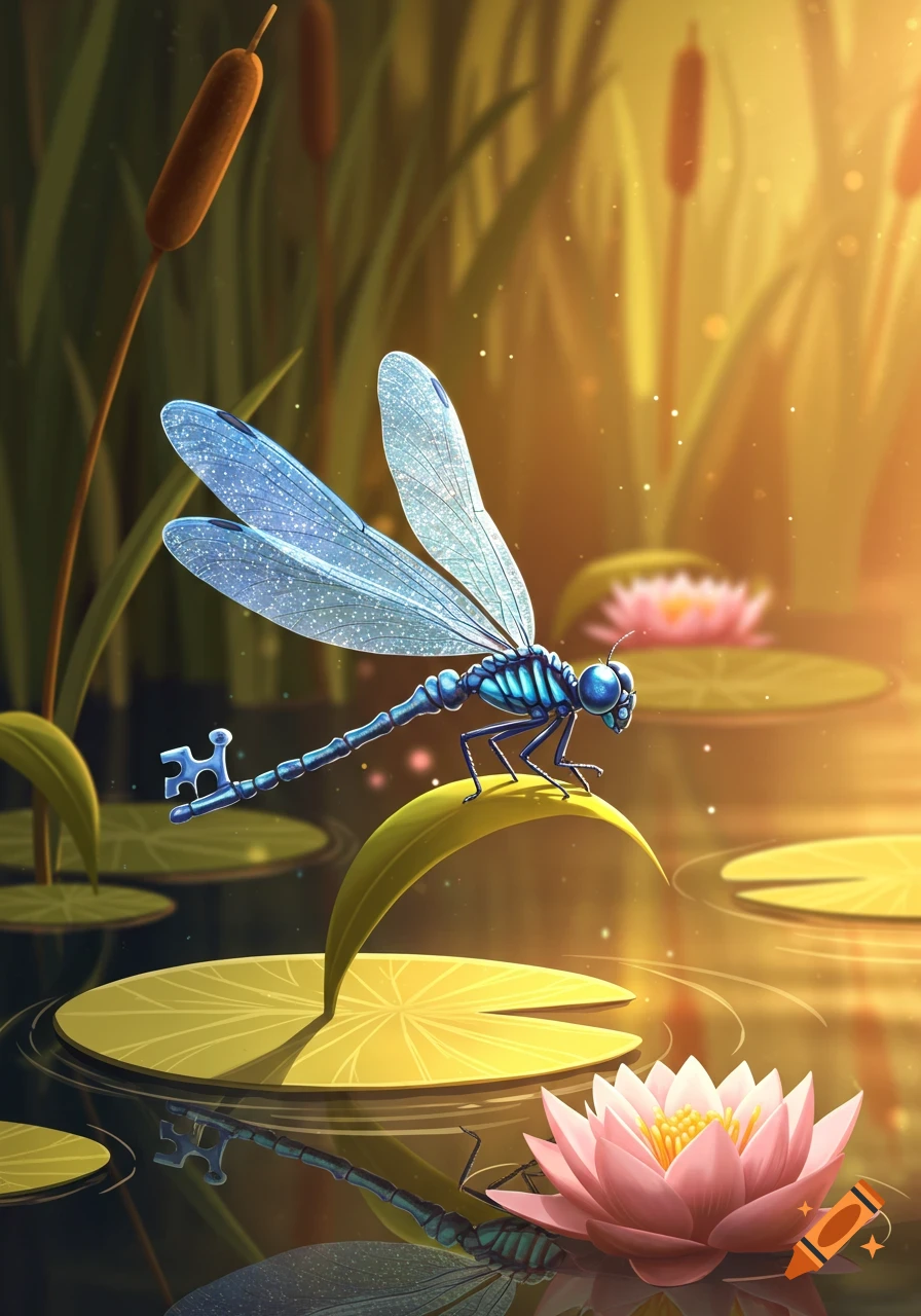 A stylized blue dragonfly with sparkly wings and a skeleton key for a body perches on a lily pad in a glowing, cartoon pond with pink water lilies.