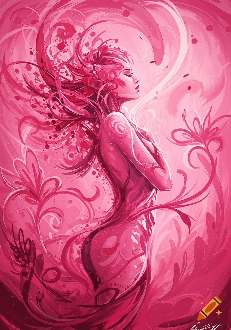 Abstract, heavily brush-stroked art of a stylized female body entwined with swirling pink nature elements and flowers.