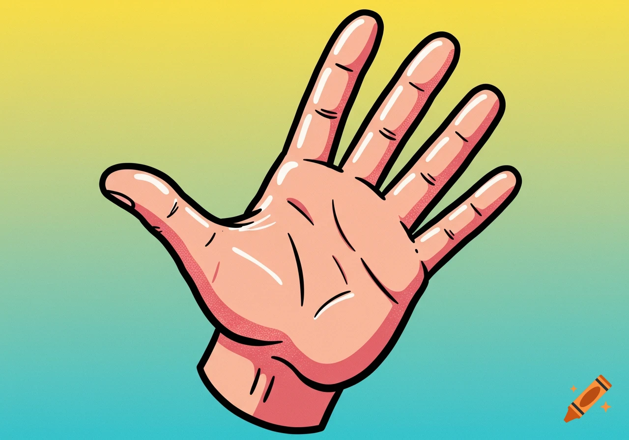 A cartoon drawing of an open hand with palm facing forward against a yellow and blue gradient background.