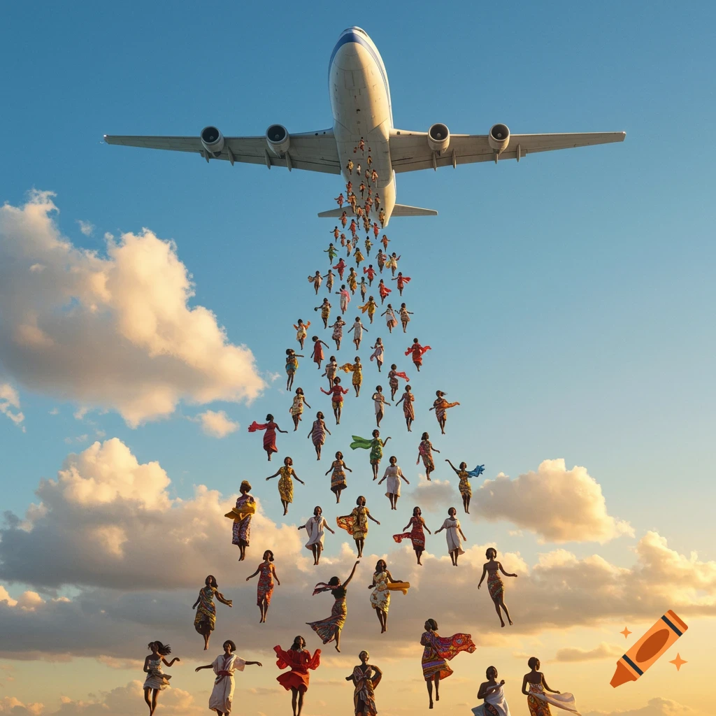 A large white airplane flies through a blue sky with clouds, releasing a stream of women in colorful garments falling towards the horizon.