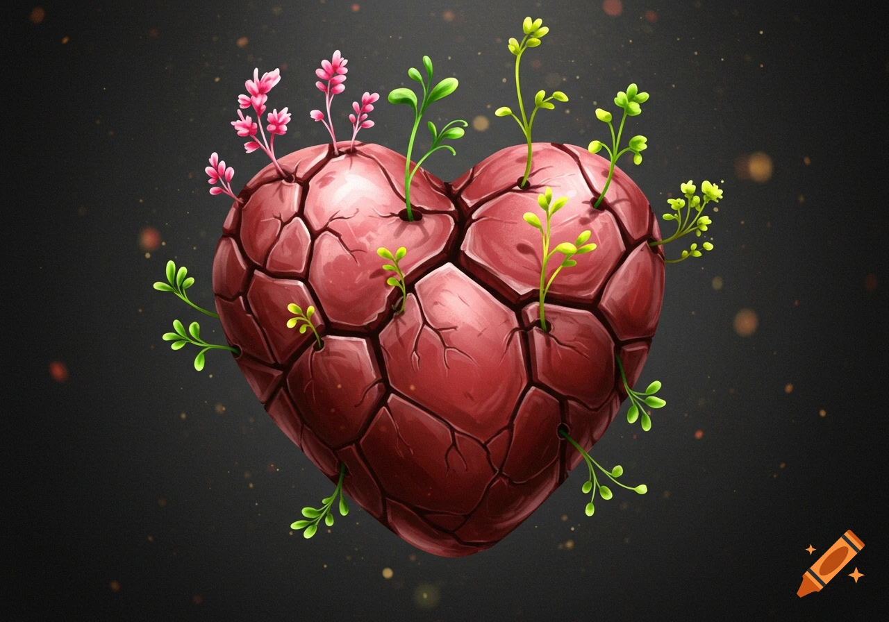A stylized, cracked red heart with green sprouts and pink flowers growing from it on a dark gray background.