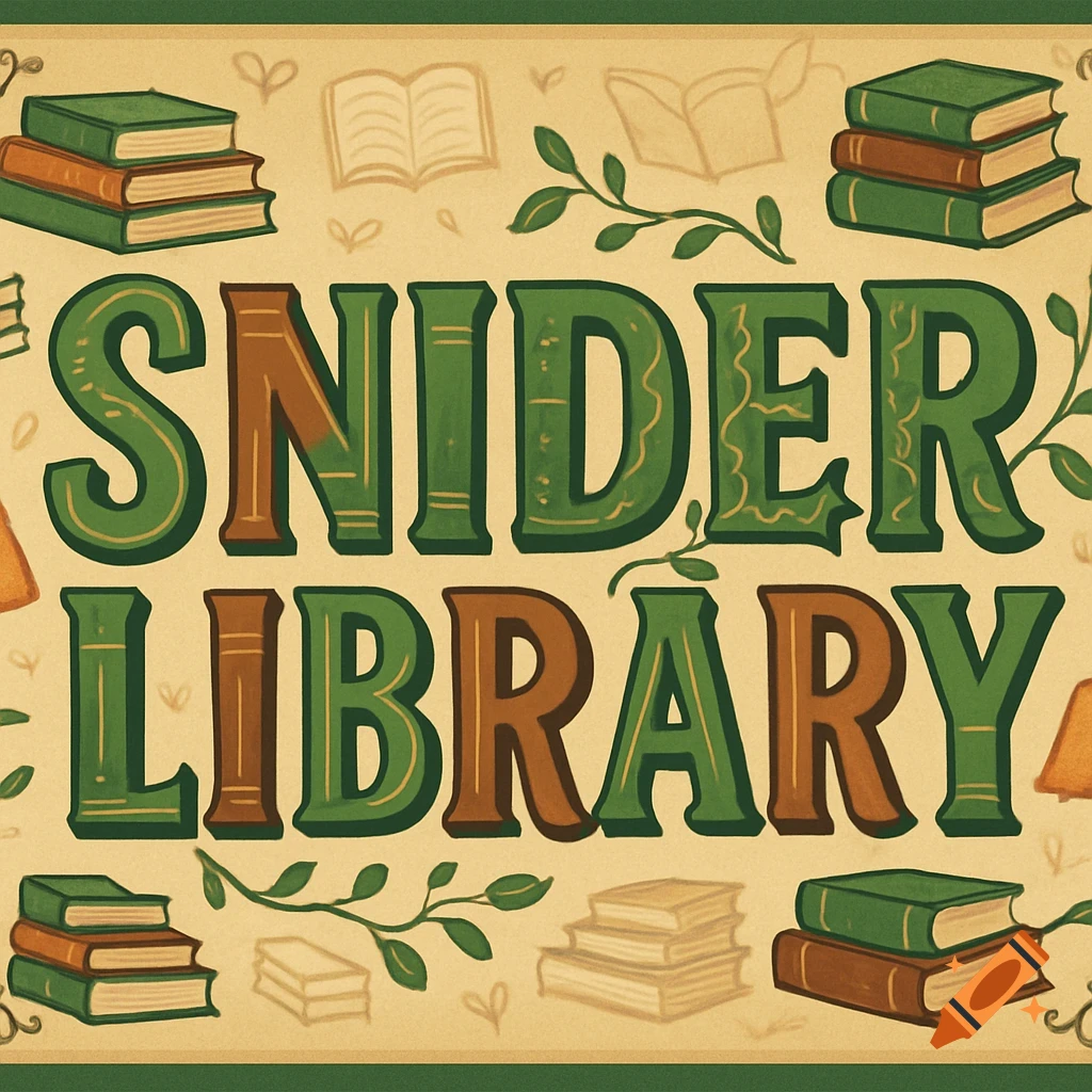 Decorative illustration with 'SNIDER LIBRARY' text, surrounded by green books and foliage on a beige background.
