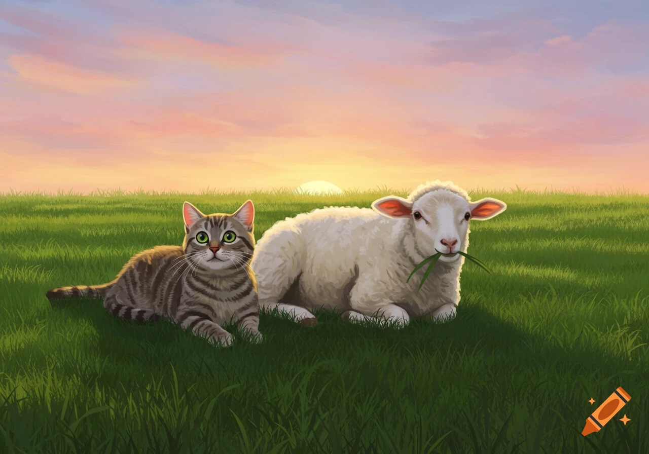 Illustrated tabby cat and a white lamb lie in a green field at sunset.