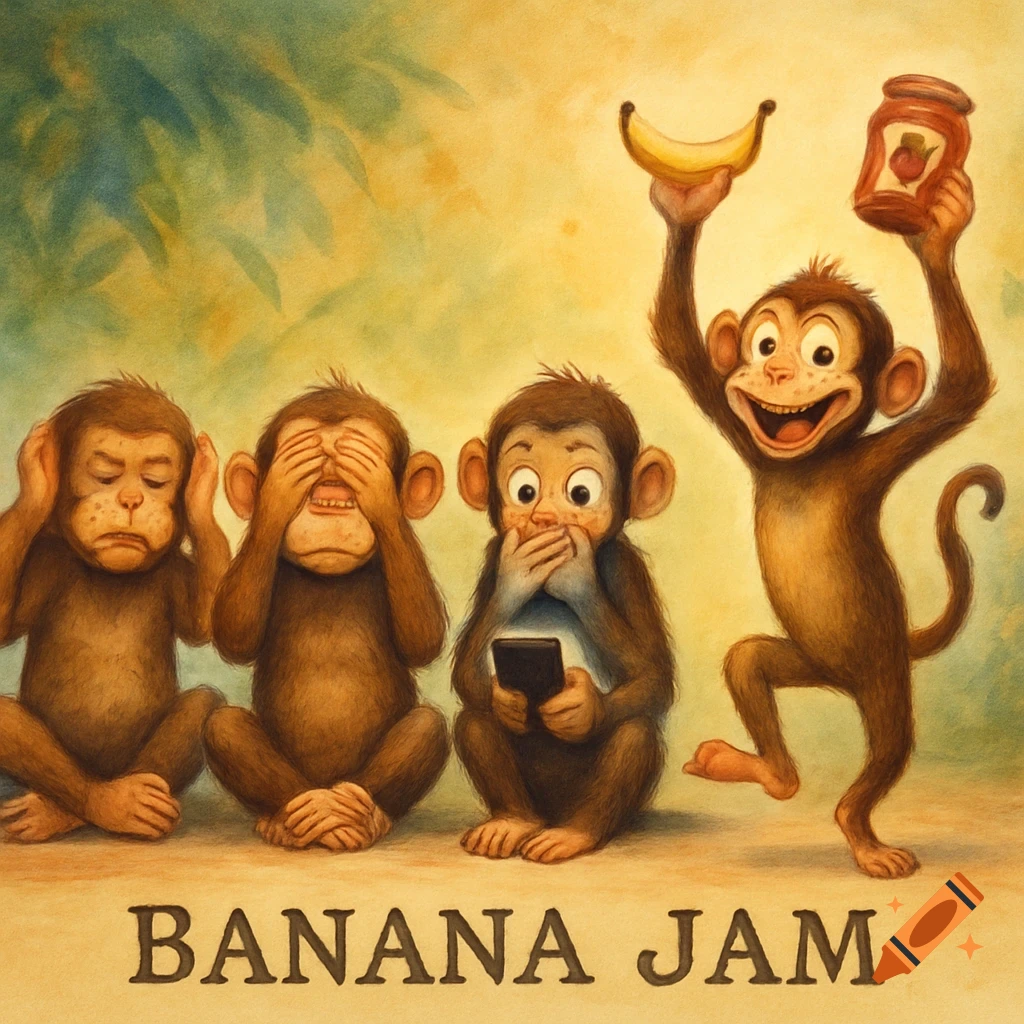 Four cartoon monkeys in an illustration. Three monkeys sit, covering ears, eyes, and mouth. A fourth monkey stands, holding a banana and a jam jar, dancing. Text reads "BANANA JAM".