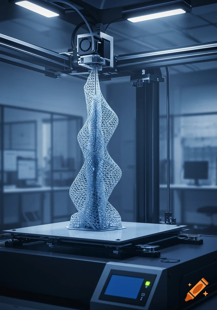 A 3D printer builds a complex, swirling lattice structure in a cool blue-toned room.