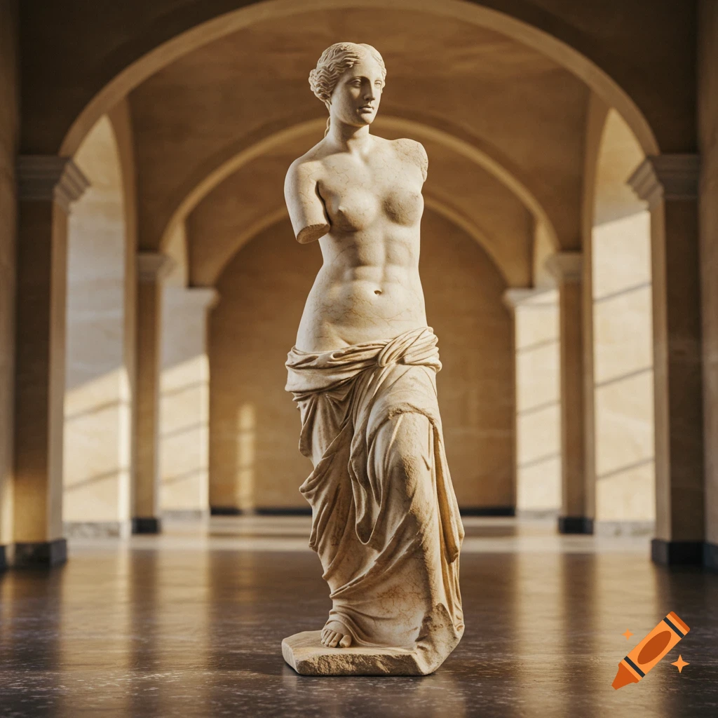 Photorealistic marble statue of Venus de Milo in a museum hall with arched ceilings and reflective floors.