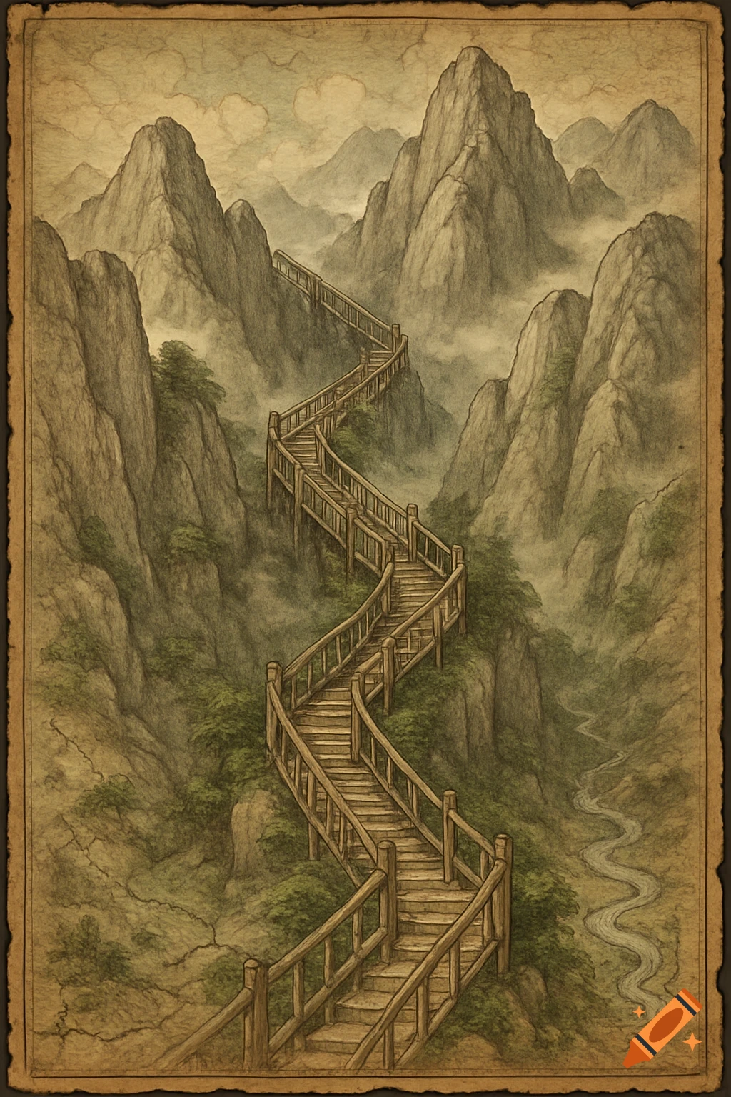 A map-style illustration of a winding wooden stairway ascending through misty mountains.
