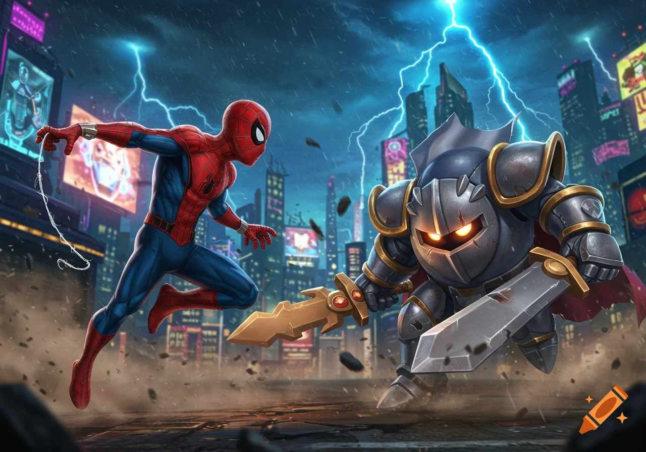 Spider-Man battles a knight with a sword in a rainy, lightning-streaked cyberpunk city. Comic art.