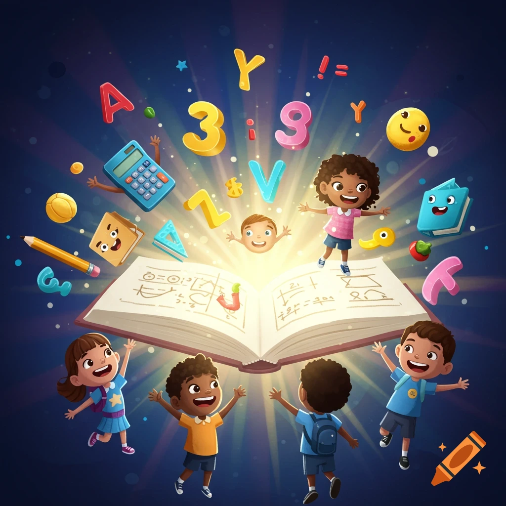 A vibrant cartoon depicts diverse children around an open, glowing book, surrounded by floating letters, numbers, and school supplies.