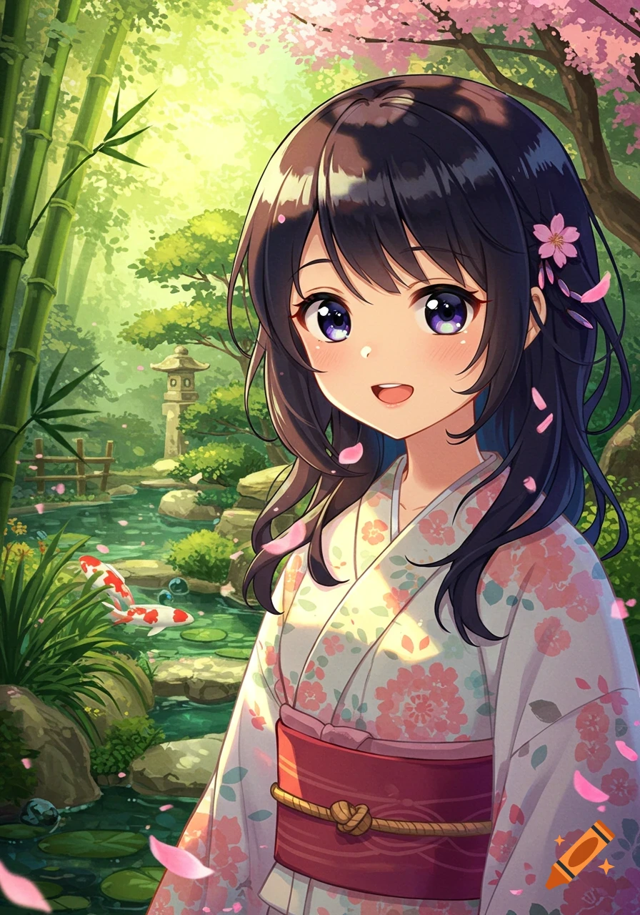 A smiling young anime woman in a pink floral kimono stands in a Japanese garden with koi fish, bamboo, and cherry blossoms.