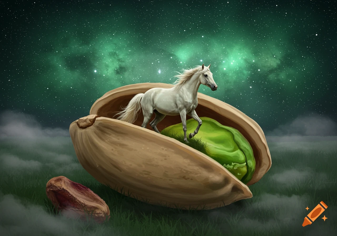 An illustrative image of a white horse standing inside an open pistachio shell, under a starry green night sky.