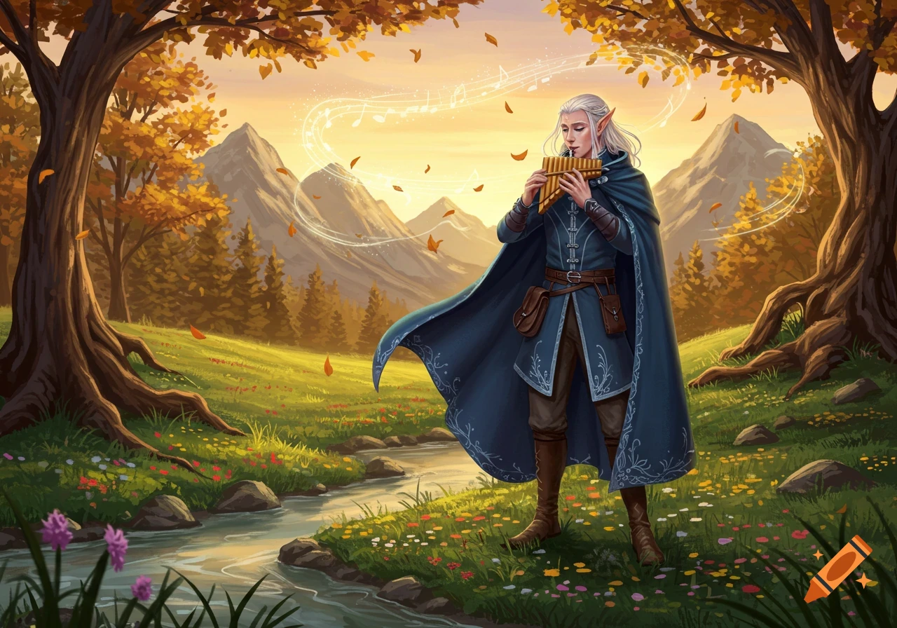 An elven bard in a blue cloak plays a pan flute in an autumn forest landscape with mountains and a stream.