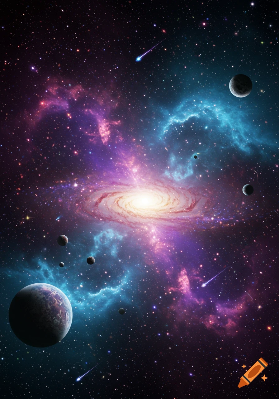 Vibrant spiral galaxy surrounded by colorful nebulae, stars, planets, and meteors in dark space.