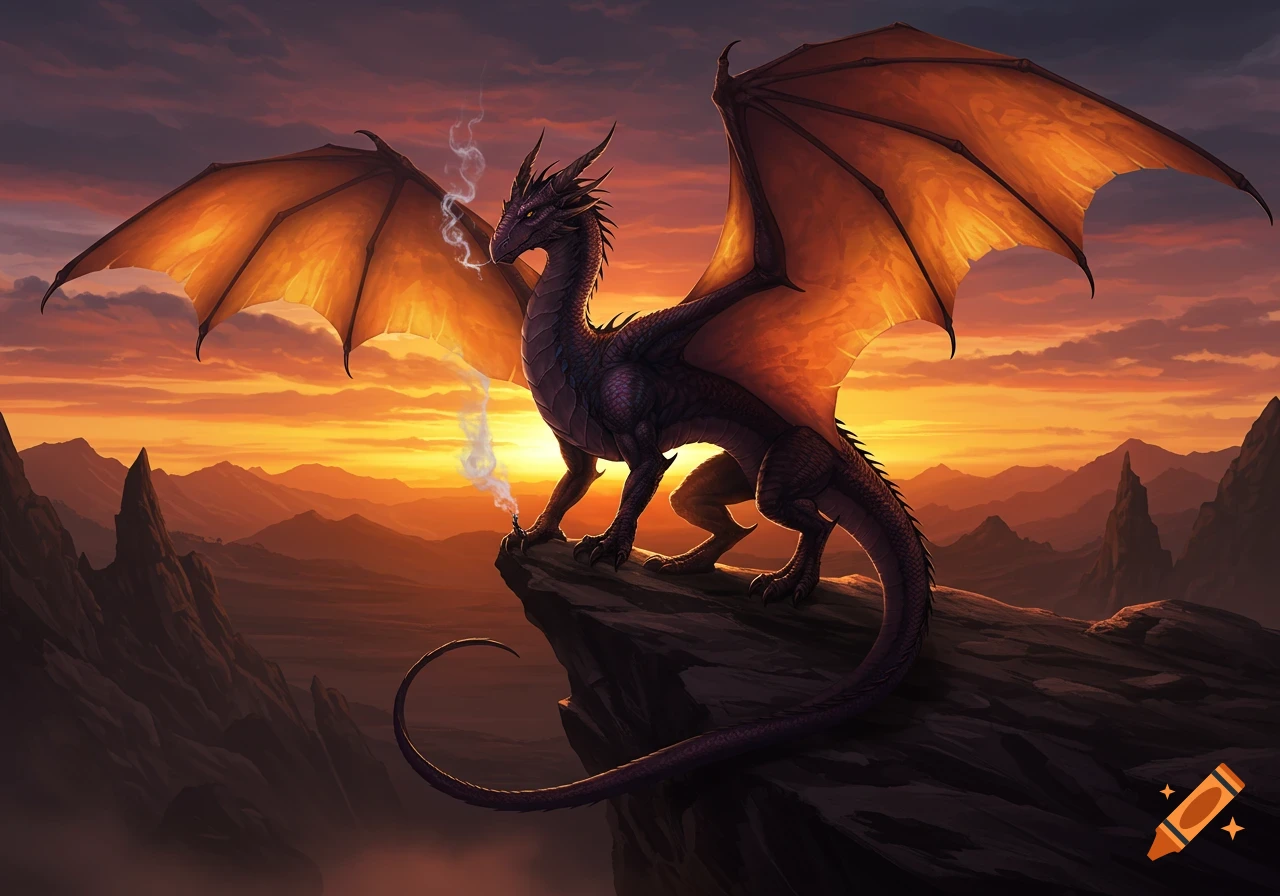 A majestic purple dragon with large orange wings stands on a rocky mountain peak, breathing smoke, against a vibrant sunset.