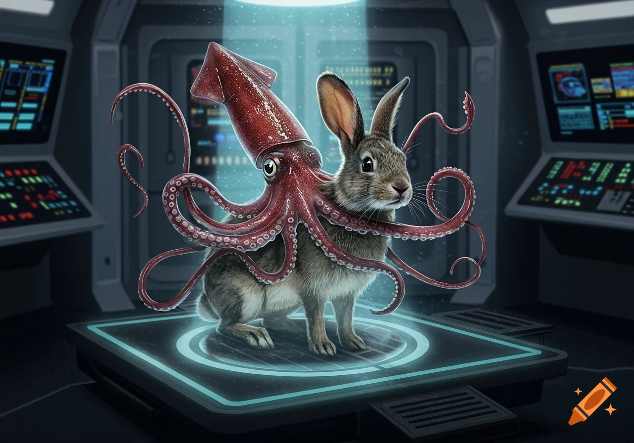 A photorealistic hybrid of a rabbit and a red squid stands on a glowing Star Trek transporter pad in a sci-fi room.