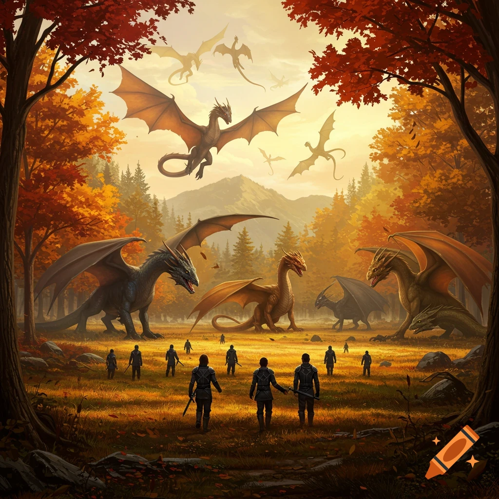 Cadets in black leathers walk through an autumn valley towards large dragons while more dragons fly overhead in a fantasy scene.