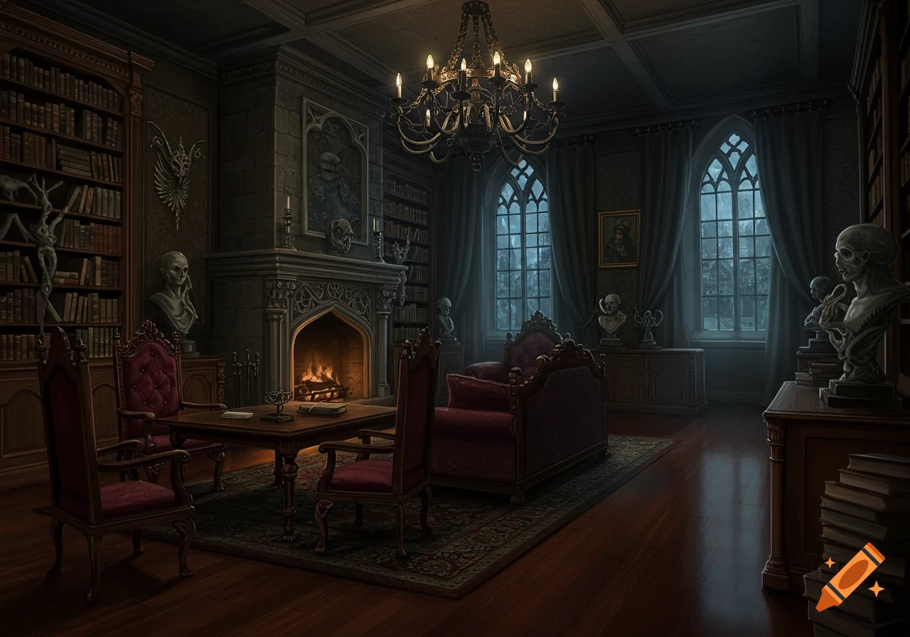 A dark, opulent gothic study with a fireplace, grand chandelier, bookshelves, velvet chairs, and arched windows. Skull busts adorn the room.