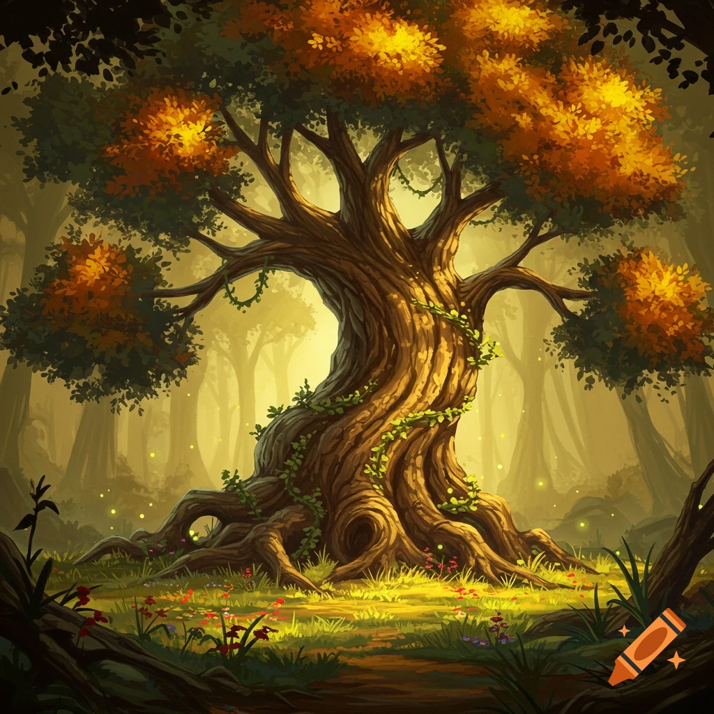 A large, ancient tree with glowing orange leaves and twisting vines in an enchanted forest, stylized illustration.