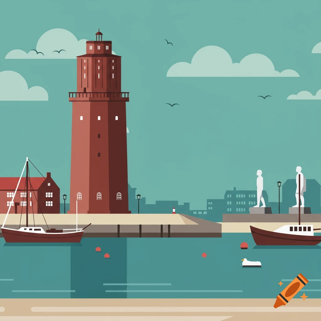 Flat illustration of a red lighthouse in a harbor with boats, buildings, clouds, and statues under a teal sky.