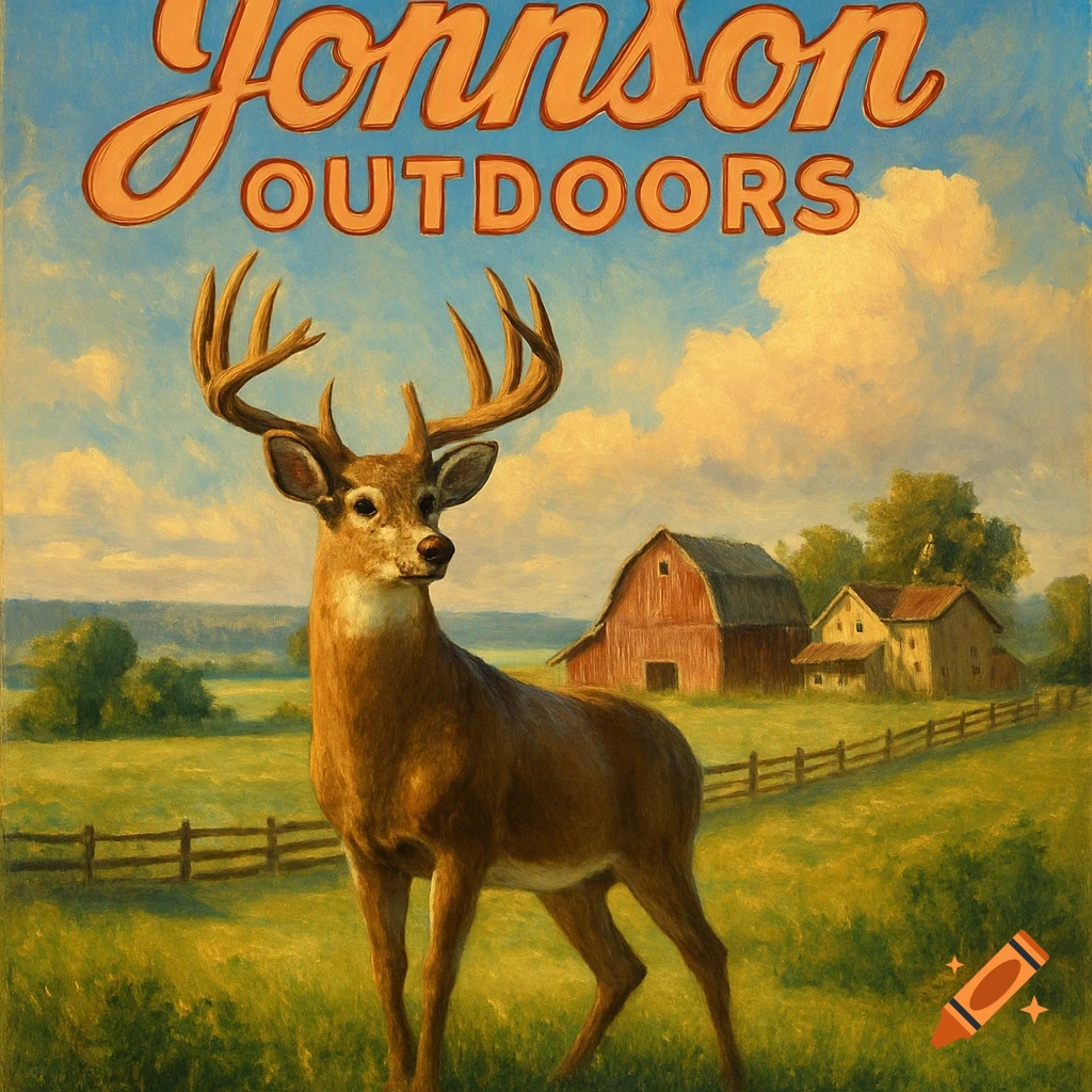 Oil painting of a whitetail deer in a green field with a red barn, houses, and "Johnson Outdoors" text under a blue sky.