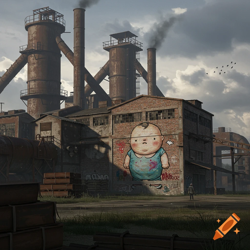 A cartoon graffiti of a sad, plump baby in a blue top on the brick wall of an old, rusty industrial factory, with smoke rising from smokestacks into a cloudy sky.