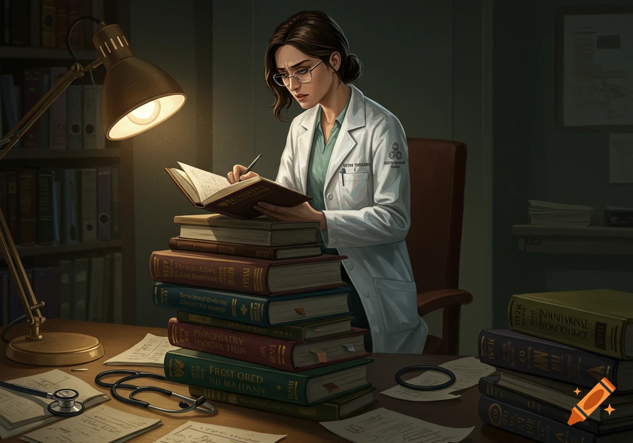 A female psychiatry resident in a white coat studies a book on a pile of books at a desk, illuminated by a lamp. A stethoscope is nearby.