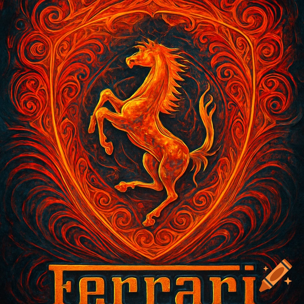 Abstract fiery orange Ferrari logo with a rearing horse within an ornate shield and 'Ferrari' text below on a dark background.