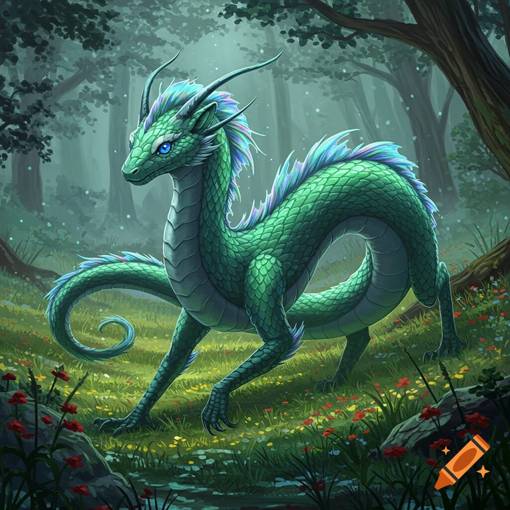 A vibrant green dragon with blue eyes and iridescent scales stands in a lush, magical forest with glowing plants.