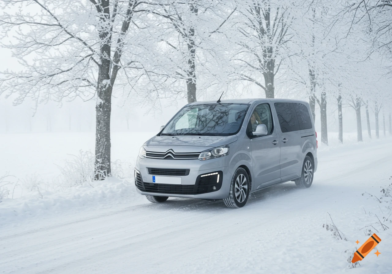 A silver Citroën Spacetourer drives on a snow-covered road lined with frosted trees in winter.