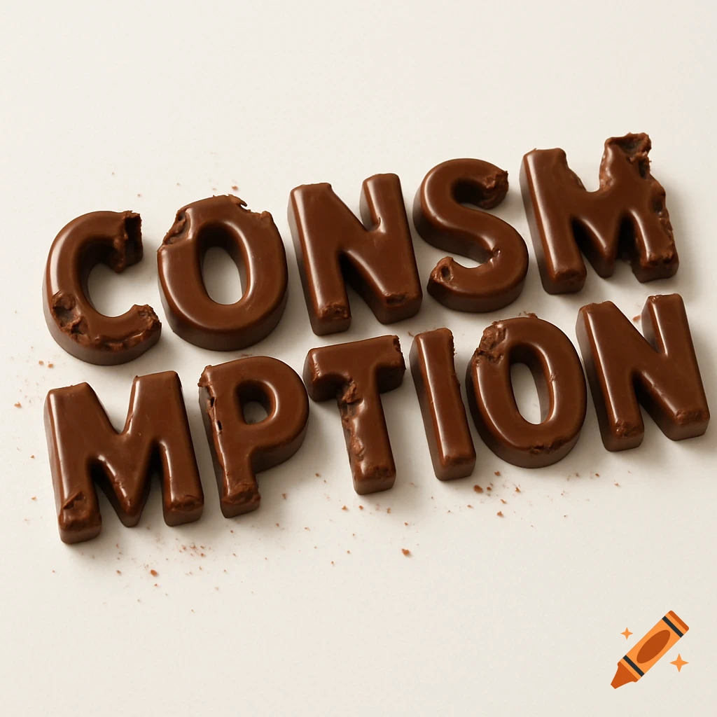 Chocolate letters spelling 'CONSUMPTION' with realistic bites taken out, on a white surface.