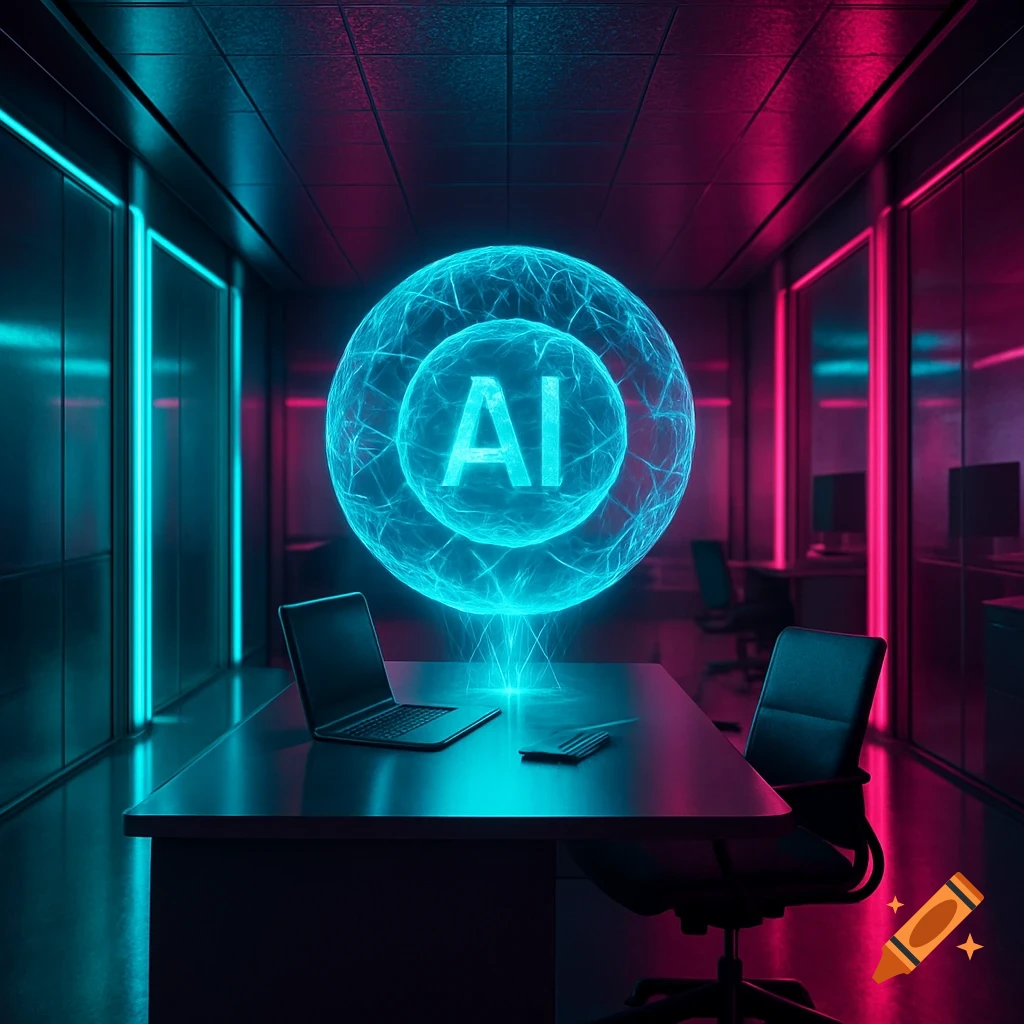 A glowing blue sphere with "AI" text hovers above a desk with a laptop in a neon-lit futuristic office.