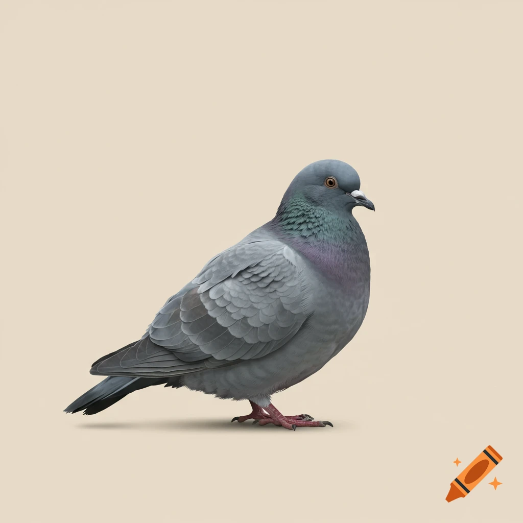 A photorealistic gray pigeon stands facing left on a soft beige background.