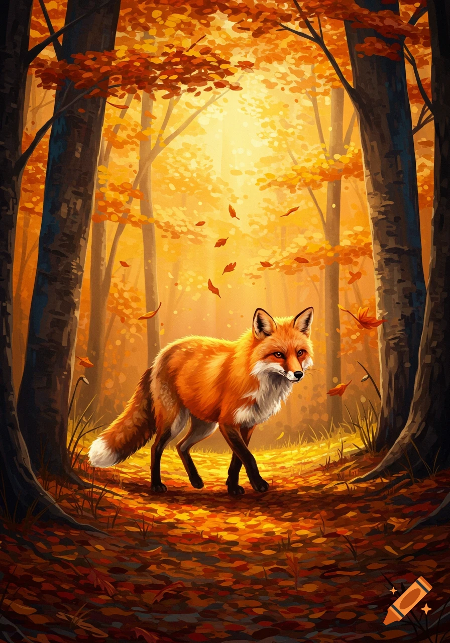 A vibrant painting of an orange and white fox walking through an autumn forest filled with golden and red leaves.