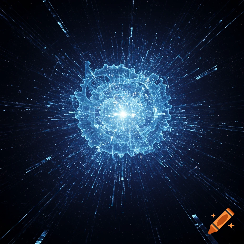 Luminous blue orb radiating bright light rays and particles in dark space, digital art.