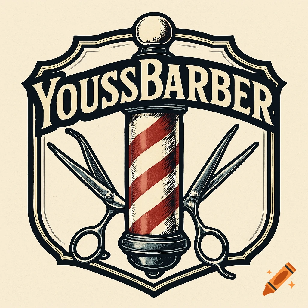 Vintage barbershop logo featuring a classic red and white barber pole, two pairs of scissors, and the text "YoussBarber" on a shield.