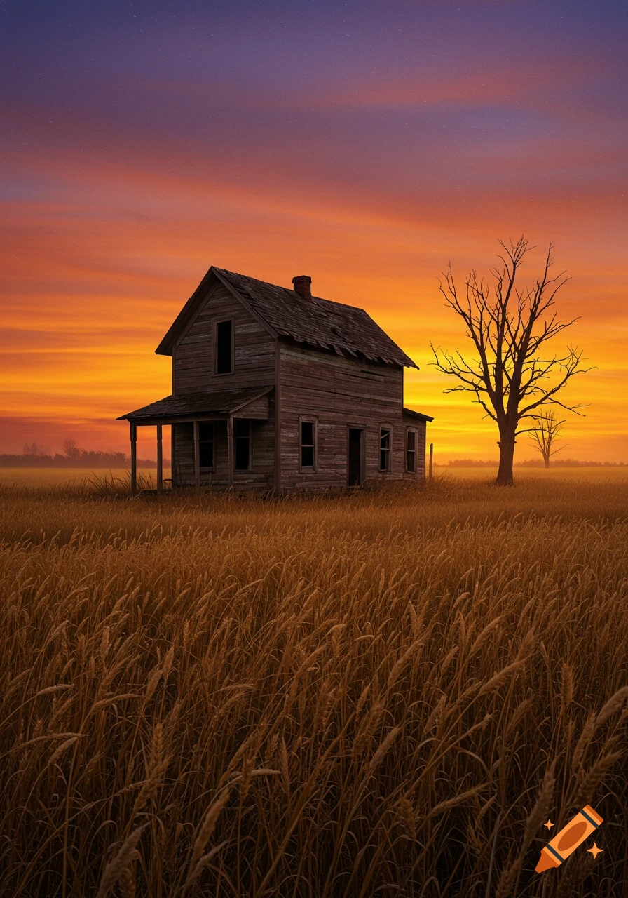 Photorealistic image of an abandoned wooden house in a golden wheat field at sunset, with a silhouette of a bare tree.