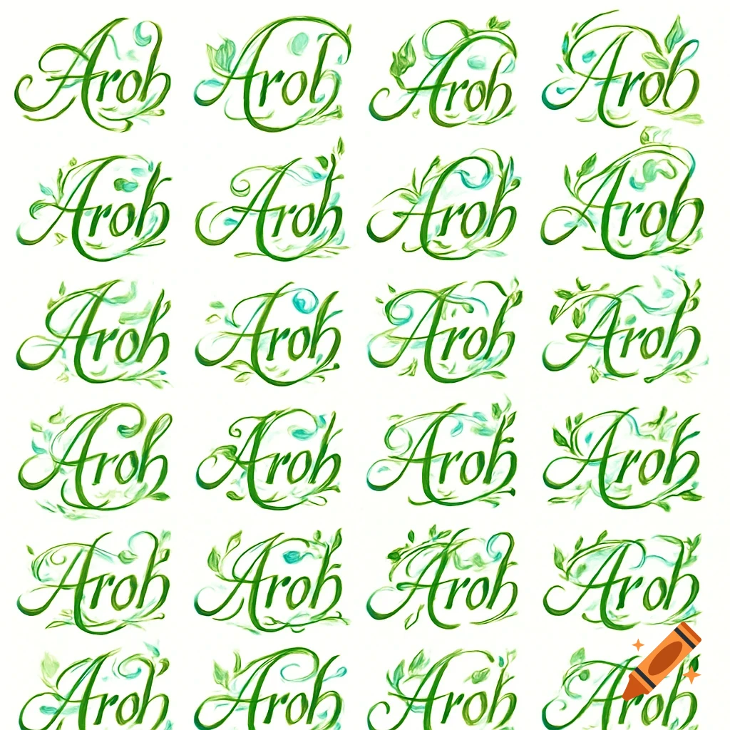A 5x5 grid of 25 unique calligraphic designs of the word 'AroB', rendered in an organic, green, flowing style with leaf and vine elements on a white background.