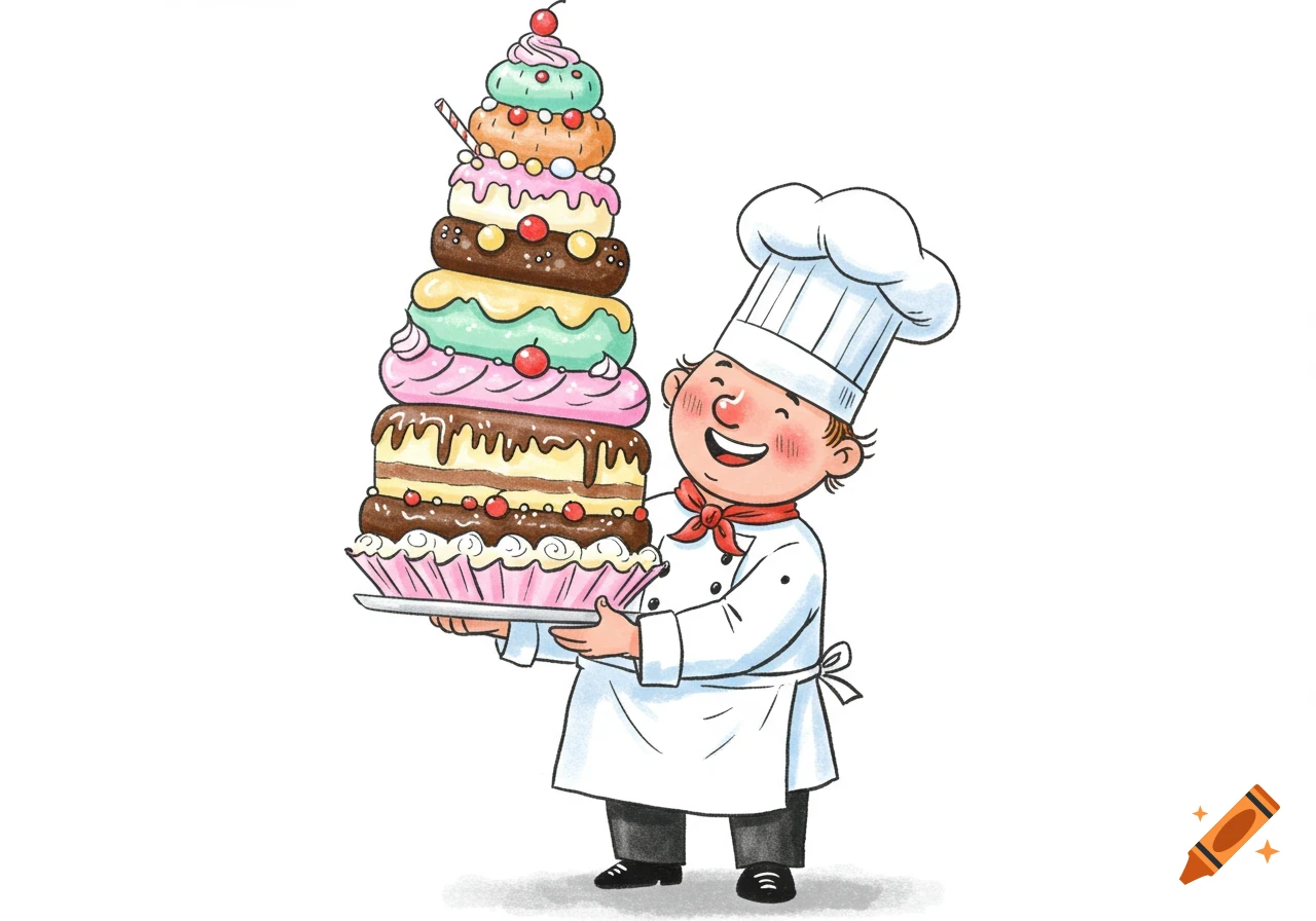 A happy cartoon pastry chef in a white uniform and toque holds a giant, colorful, multi-tiered cake on a white background.