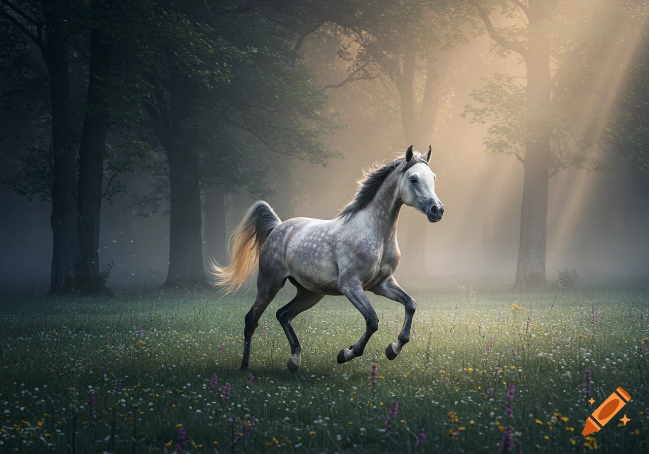 A gray Arabian horse gallops through a misty, sun-dappled forest meadow filled with wildflowers, appearing photorealistic.