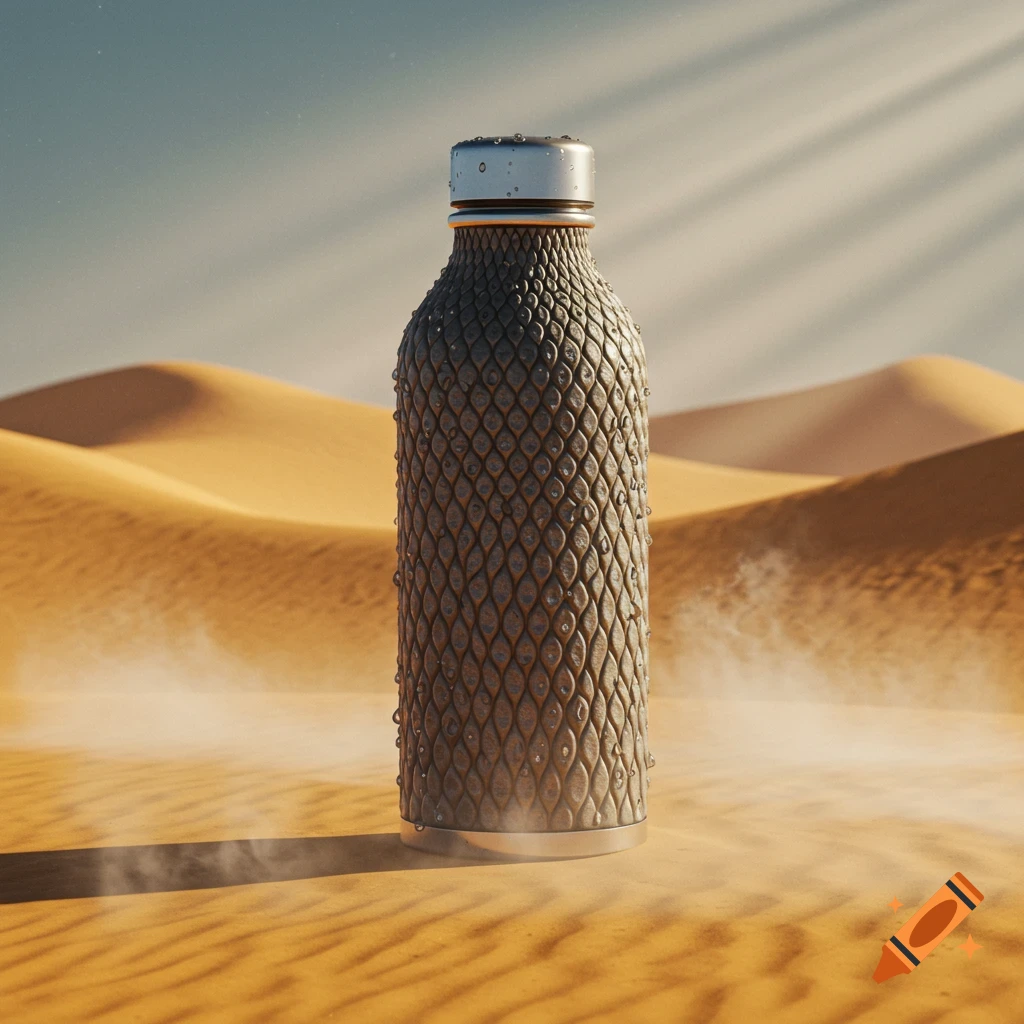 A textured, scale-patterned water bottle with water droplets stands in a sunny desert with sand dunes.