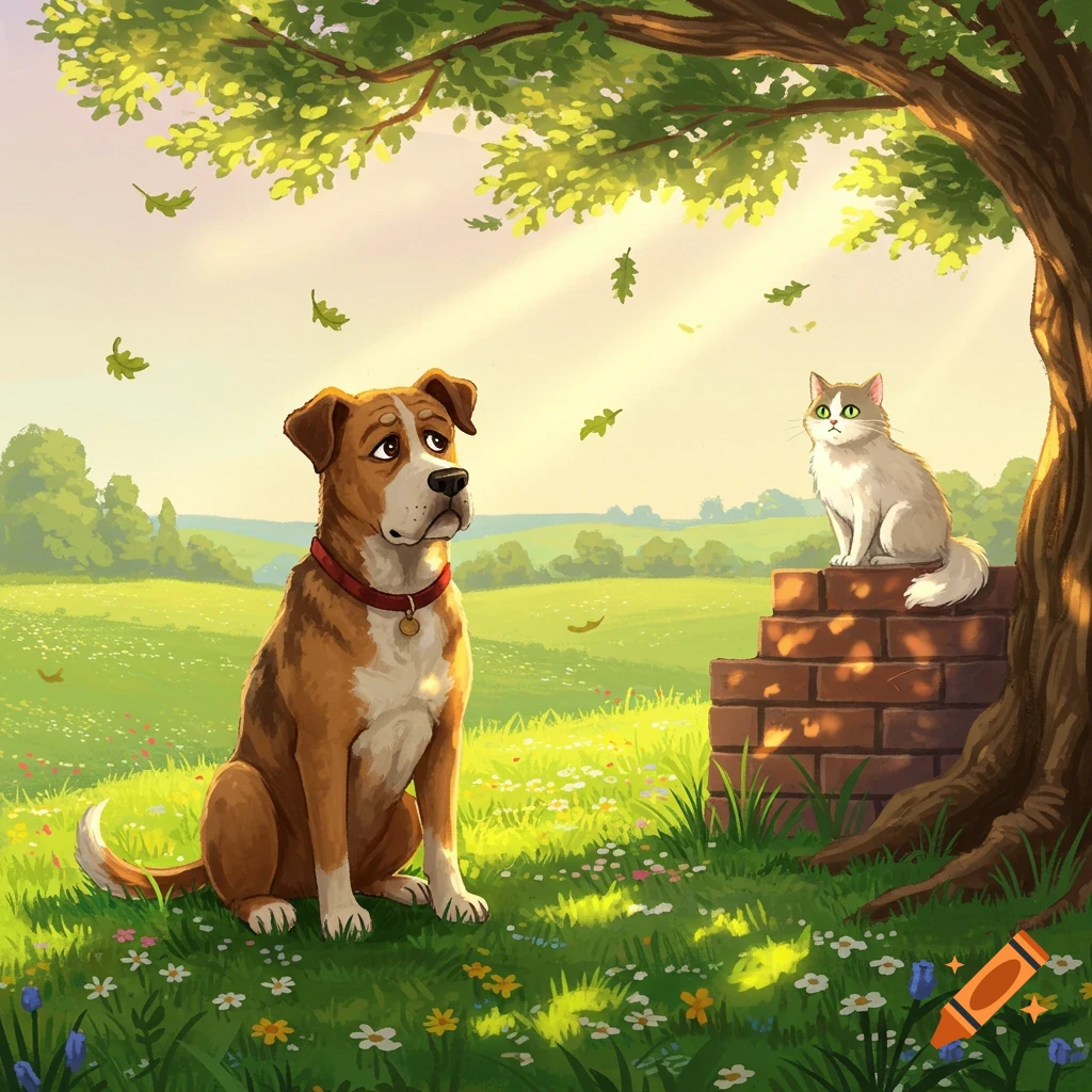 Illustrated sad dog sitting in a sunny field, looking away from a cat on a brick wall under a tree.