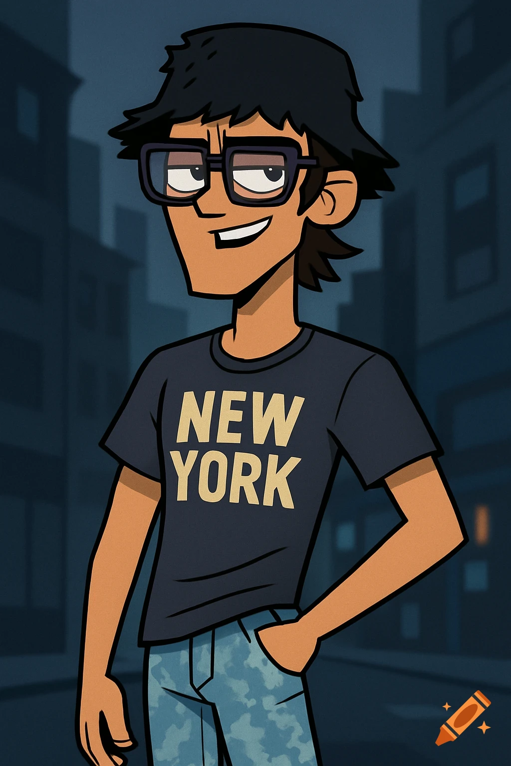 A cartoon young man with dark shaggy hair, glasses, and a dark blue 'NEW YORK' t-shirt, standing against a blurred city background.