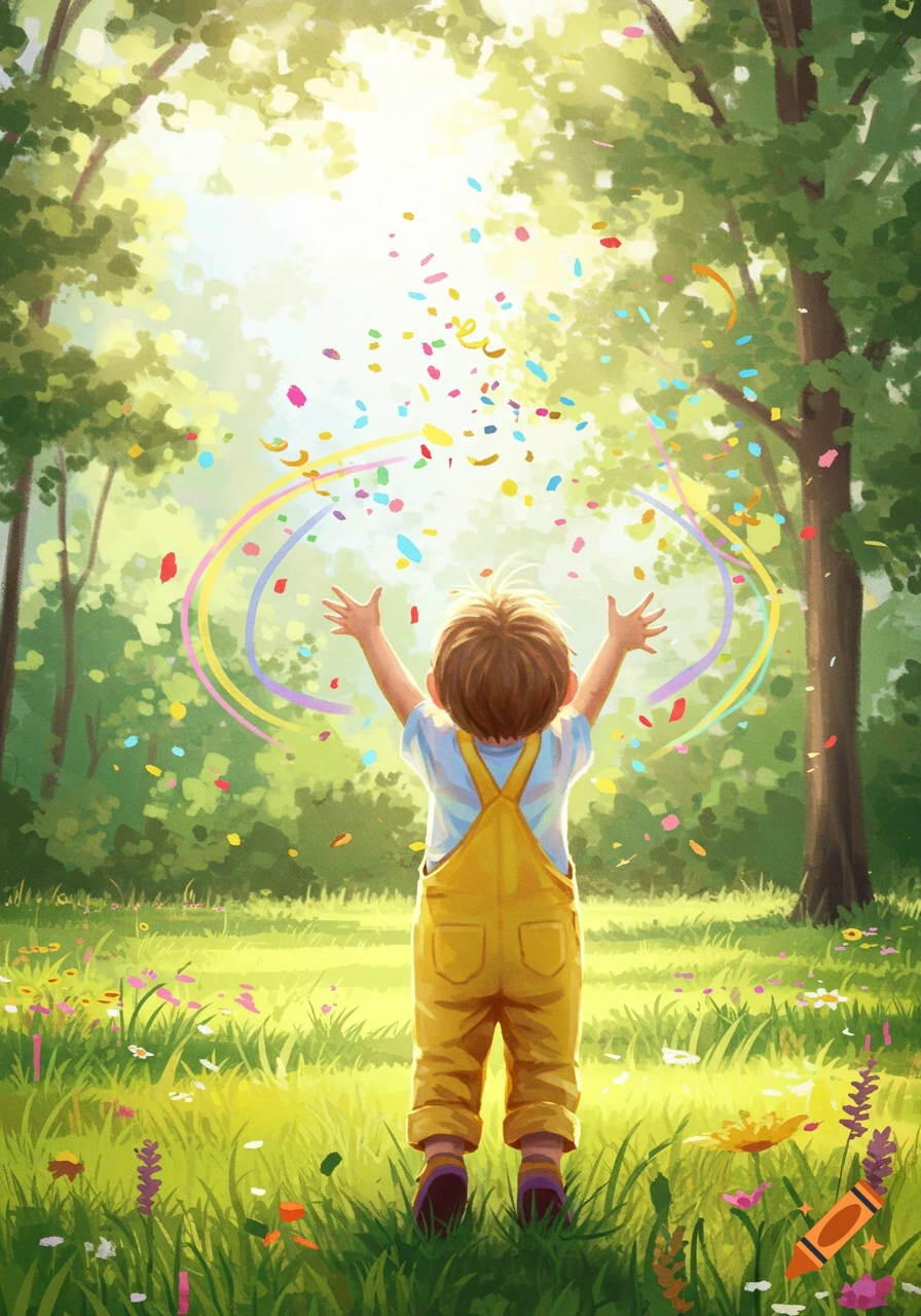 Vibrant illustration of a child from behind, arms raised, throwing colorful confetti in a sunny green field with trees.
