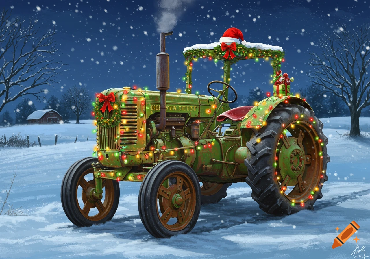 A vintage green tractor decorated with colorful Christmas lights, a wreath, and a Santa hat, in a snowy winter farm scene at night.