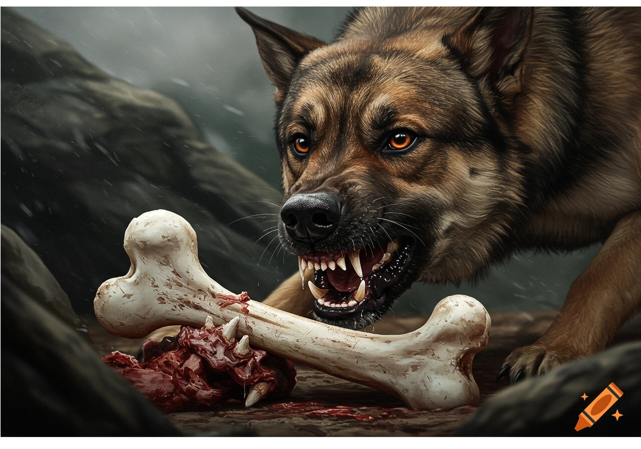 Close-up of an aggressive dog snarling over a bloody bone.
