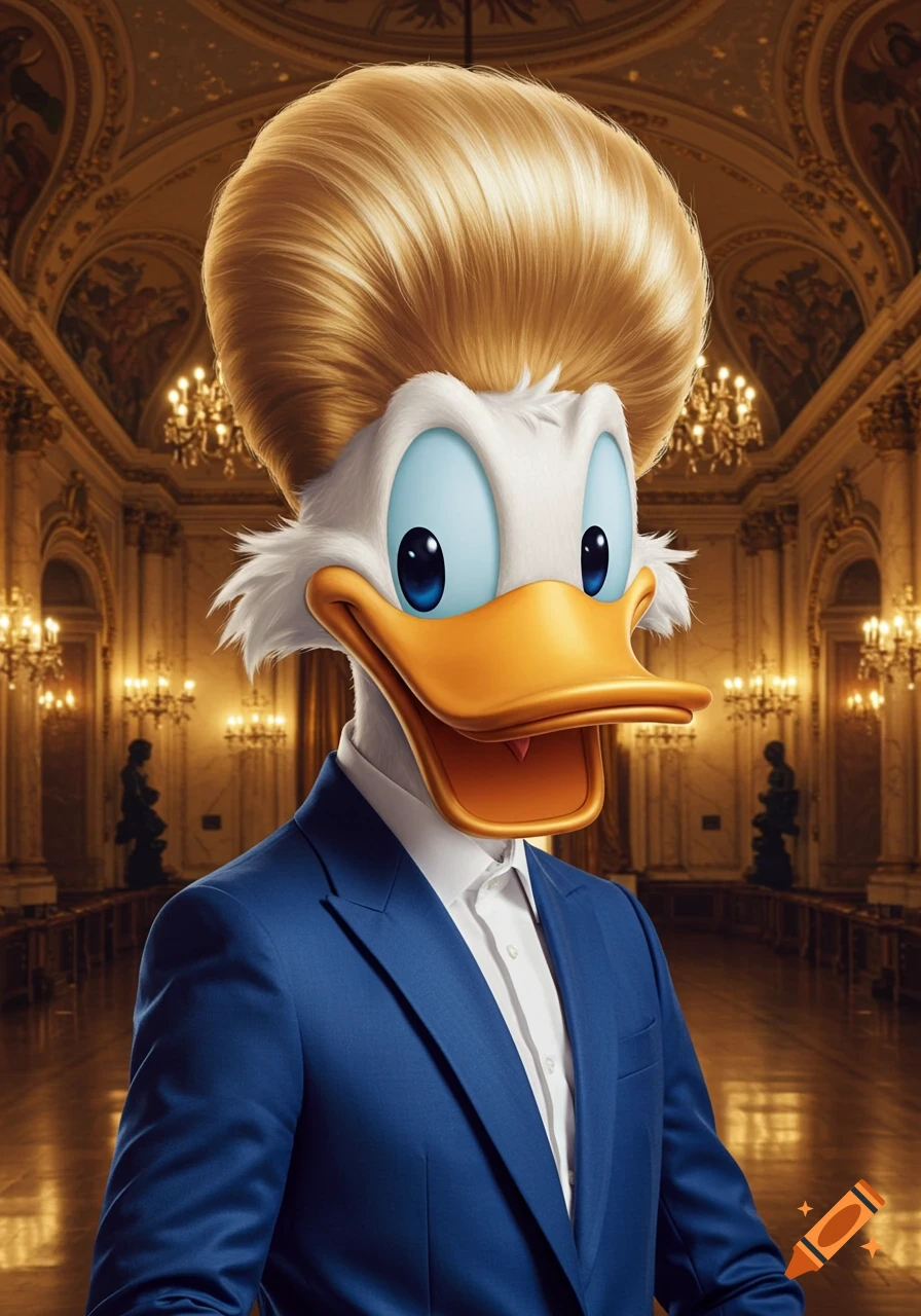 Donald Duck's head with a large blonde pompadour wig on a man in a blue suit, standing in an opulent golden hall.